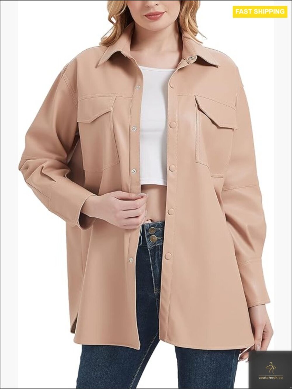 Faux Leather Shacket Jacket Loose Fit Button Down Long Sleeve Casual Pleather